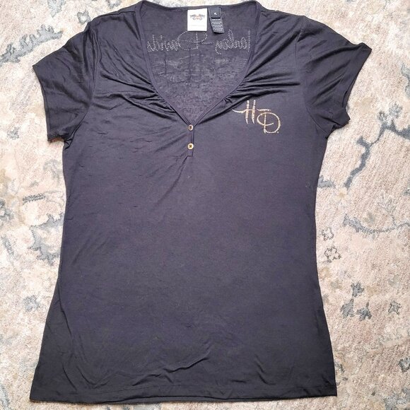 Harley-Davidson Black & Gold Embellished V-Neck Tee – Size XL - Picture 1 of 12